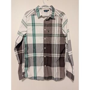 KAVU Mens Size Medium White Green Brown Plaid Long Sleeve Button‎ Down Shirt